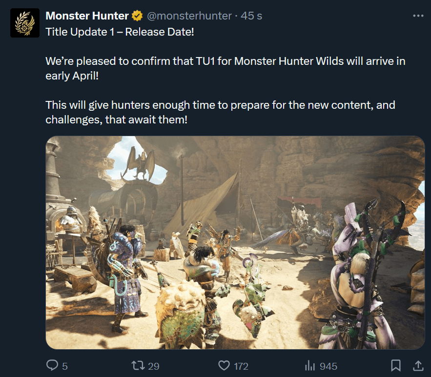 Notes de mise à jour de Monster Hunter Wilds : Améliorations de l'Arbalète et du Marteau, plus de Chasses Tempérées