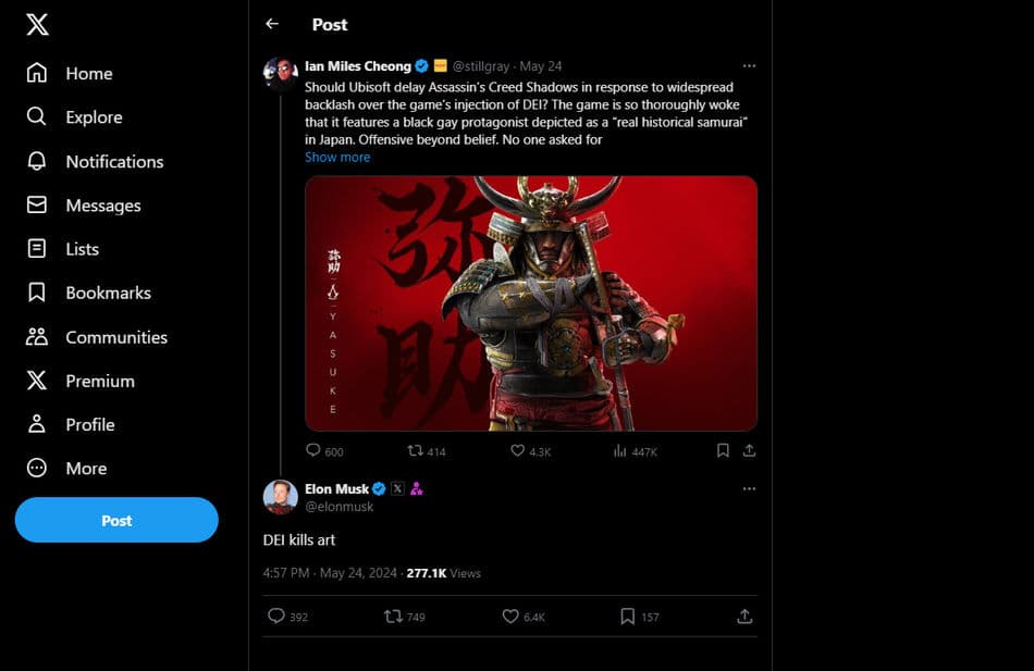 Elon Musk critique Assassin's Creed, mais Ubisoft ne se laisse pas faire